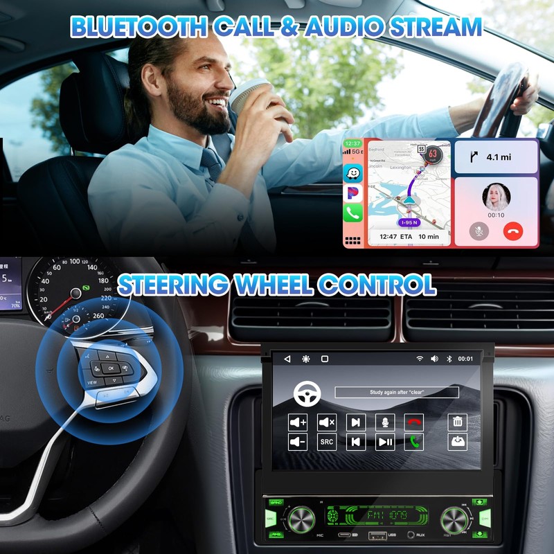 Single Din Flip-Out Touchscreen Radio: 7 Inch Wireless CarPlay Android