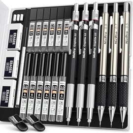 Nicpro Juego de 6 lápices mecánicos artísticos, 3 lápices de dibujo de metal de 0.020 in, 0.028 in, 0.035 in, 3 soportes de plomo de grafito de 0.079 