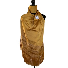 Rebozo Artesanal de finos, brillantes y suaves hilos de Artisela, tamaño grande 220 x 70 cm ancho, propio para eventos especiales color vibrante amarillo oro