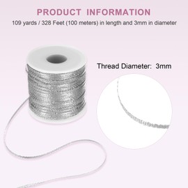 HARFINGTON Metallic Cord 3mm 109 Yards Metallic Ornament String Durable Tinsel Rope Thread for Crafts Gift Wrapping Christmas Decoration Hanging Tags Sewing Gift Decoration, Silver