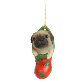 Teacup Pug Puppy Dog In Red Holly Sock Christmas Tree Small Hanging Ornament