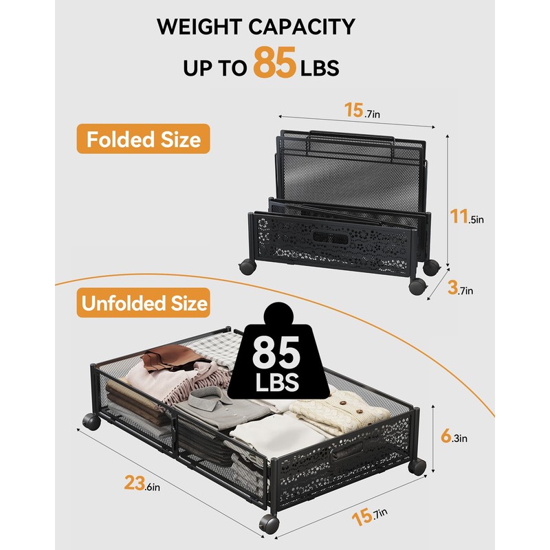 YEEBONIX Under Bed Storage with Wheels, Foldable Pattern Carved Metal