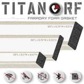 TitanRF Faraday Foam Gasket // 90"L x 0.75"W x 0.5"H (228.6cm x 19mm x 12.7mm) Foam Strip Covered in High-shielding Conductive Fabric with Adhesive Backing // Used to Seal RF Enclosures