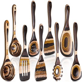 Teenyyou 9 Pcs Wood Cooking Spoons Set Pakkawood Kitchen Utensils Deep Soup Ladles Pakkawood Spurtle Slotted Spatula Non Stick Utensils for Kitchen Apartment Tools Essentials Housewarming Women Gifts