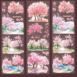 Cherry Blossom PET Journaling Washi Tape Sticker for Crafts Scrapbooking, 2 Rolls Flower Stickers for Travel Diary Envelope Glass Water Bottle, DIY Journal Supplies(Cherry Floral)