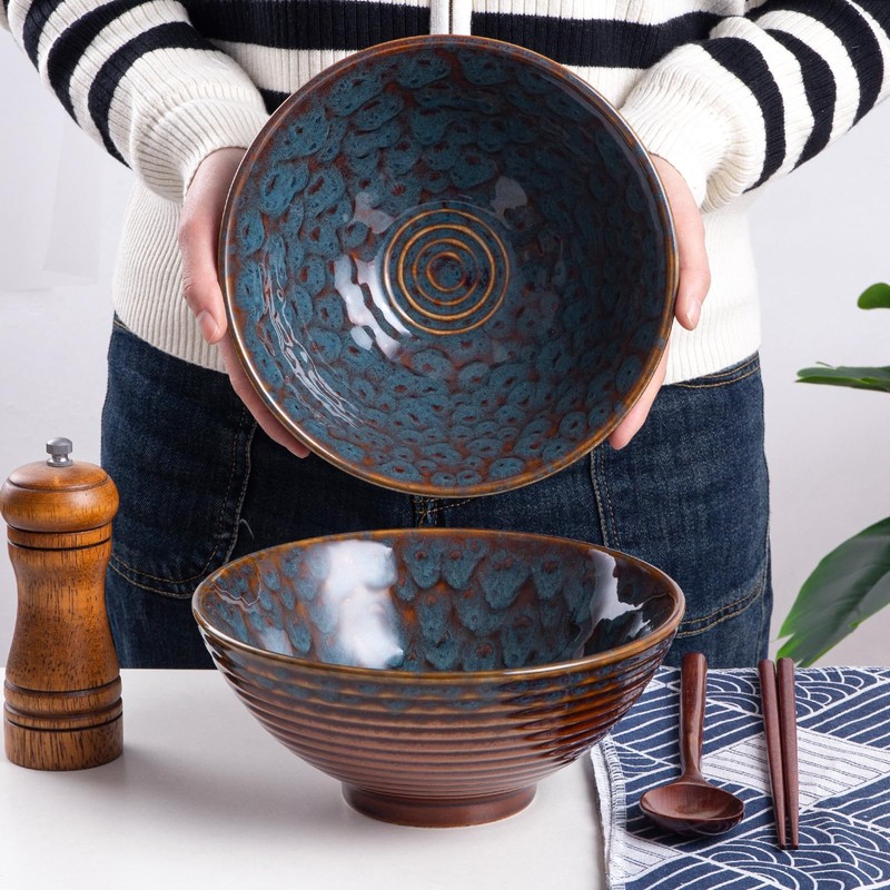 HOKELER Ceramic Japanese Ramen Bowl Set, 2 Sets Asian Pho