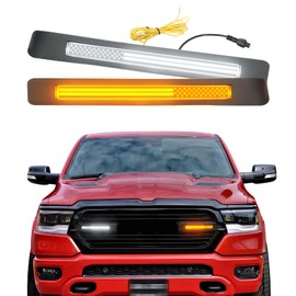For 2019-2024 Dodge Ram 1500 Laramie/Big Horn/Tradesman, LED Grille Light Bar with Flag Pattern, Amber Turn Signal & Daytime Running Light DRL Front Bumper Head Lamp Insert Trim Exterior Accessories