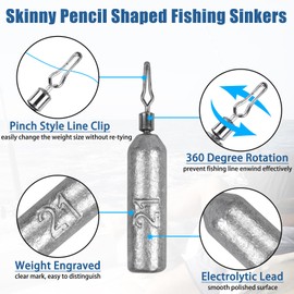 Fishing Weights Drop Shot Weights No Snag Skinny Sinker Pencil Shaped Dropshot Weights with Cinch Swivel Drift Fishing Sinkers for Drop Shot Rig Catfishing Bass Fishing Freshwater 1/4oz