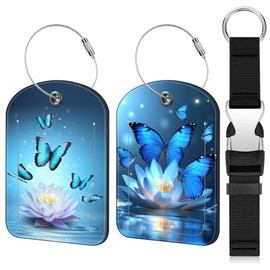 2 Pack Luggage Tag and Add a Bag Luggage Strap Jacket Gripper for Suitcase, Butterflies Waterlily Leather Suitcase Tag with Privacy Name ID Label and Stainless Steel Loop for Travel Bag Suitcase