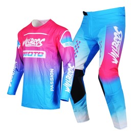 Willbros Youth Moto Gear Set Pant and Jersey Combo for Kids MX Motocross Children Racing Suit Offroad MTB Motorcycle Boys Girls Blue Pink YXL