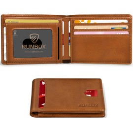 RUNBOX Slim Wallet for Men Minimalist Leather Bifold RFID Blocking with Gift Box Brown