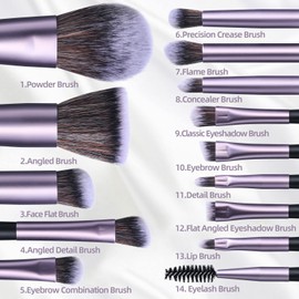BS-MALL 14 Pcs Makeup Brushes Set with 1 Pcs Makeup Sponge – Essential Foundation Powder Concealers, Eye Shadows, Blush Makeup Brushes with Travel Makeup Case (Purple)