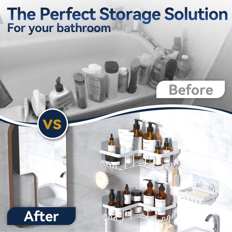 YASONIC Corner Adhesive Shower Caddy, with Soap Holder and 12