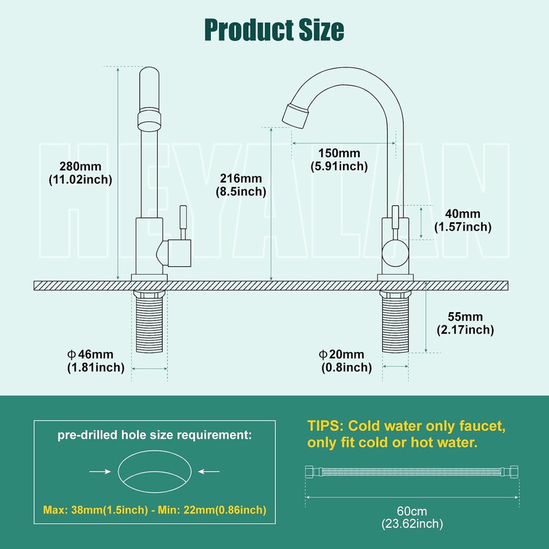 Heyalan Single Handle Cold Water Bar Sink Faucet,360° Swivel,Brushed Nickel