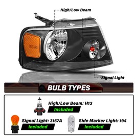 BRYGHT Headlight Assembly Fit for 04-08 Ford F150 Pickup / 06-08 Lincoln Mark LT Bulbs Included Passenger and Driver Side (Black Housing with Amber Reflector)