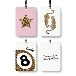 FGFK Trendy Leopard Lucky 8 Ball Car Air Freshener 4 Pcs, Preppy Pink Cheetah Print Star Hanging Air Freshener for Cars Closet Drawer Books, Girly Car Accessories Mirror Decor for Women
