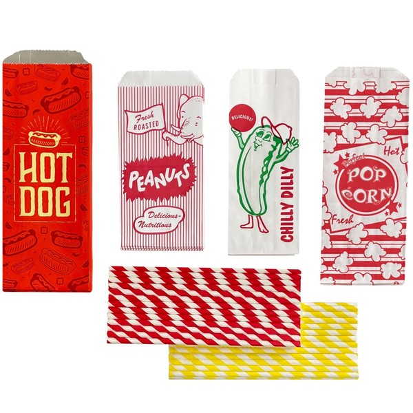 Outside the Box Papers Ultimate Carnival Party Pack - 24 Foil Hot Dog Bags 24 Printed Pickle Bags , 24 Peanut Bags ,24 Popcorn Bags and 25 Each of Red and Yellow Paper Straw