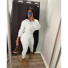 Nimsruc Knit Two Piece Outfits For Women Sweater Sets Long Sleeve Pullover Tracksuits Lounge Sweatsuits Hoodie Crochet Pants Sets Matching Clothing Off White L