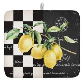 Summer Tropical Lemon Dish Drying Mats for Kitchen Counter Buffalo Plaid Black White Microfiber Absorbent Dish Drainer/Rack Mat Reversible Hangding Quick Drying kitchen Mat,16x18inch Machine Washable