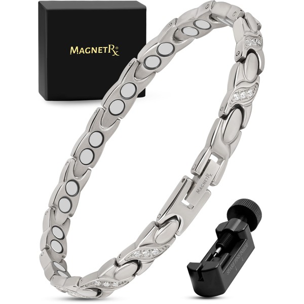MagnetRX® Ultra Strength Magnetic Bracelets for Women – Double Magnet Stainless Steel Crystal Bracelet for Women – Adjustable Bracelet Length with Sizing Tool (Silver)
