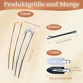 Pack of 2 French Hair Pin, 14 cm U-Shaped Hair Pins, Large, French Hair Pin with 10 Bobby Pins and 2 Seamless Hair Clips, Metal French Pin for Thick Hair, Women, Girls (Gold Silver) (10 cm)