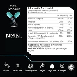 ETERNAL NUTRITION Ultra Pure: NMN 99.5% + Resveratrol 98% Puro (200 Caps)
