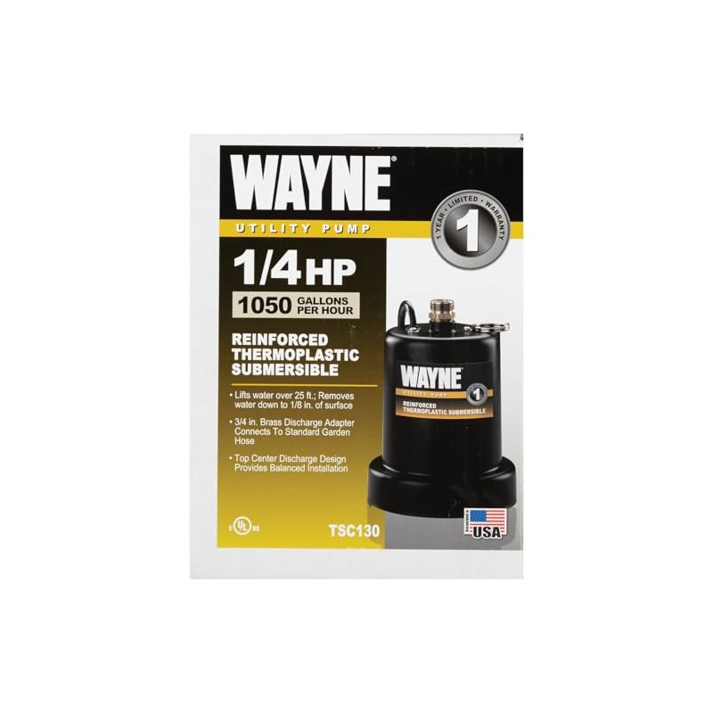 WAYNE TSC130-1/6 HP Reinforced Thermoplastic Submersible Multi-Use Pump - Up