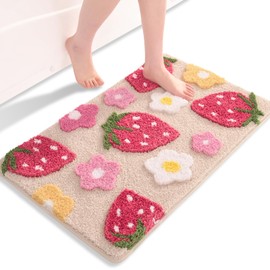 Anybar Beige Bathroom Rugs Cute Strawberry Flower Bath Mat Bathroom Accessories, Funny Colorful Non Slip Floor Bath Rug Machine Washable Bathmat Soft Microfiber Carpet for Shower, Bathtub (18x25 inch)