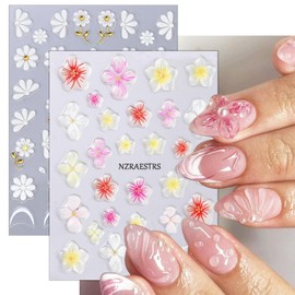 Embossed Flower Nail Art Stickers 5D Self-Adhesive Gold Daisy Nail Decals Colorful Hibiscus Flowers Nail Stickers Summer Floral French Tip Nail Decoration for Women Girls Nail Supplies 2 Sheets