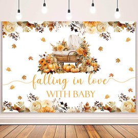 MEHOFOND 7x5ft Fall Pumpkin Baby Shower Backdrop Falling in Love with Baby Photography Background Autumn Pumpkin Floral Baby Carriage Birthday Party Decoration Banner for Kids Photo Booth Props