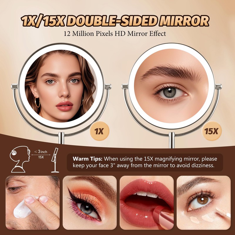 15X Magnifying Mirror with Light: 9 inch Lighted Makeup Mirror,