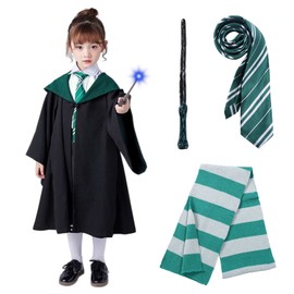 Formemory Halloween Costume, Complete Halloween Cosplay Costume, Robe, Necktie, Scarf, Magic Wand (Makes a Noise and Glows Light), 4-Piece Set, Green, Tools, 7 Sizes, Costume, Robe, Unisex Tie, Magic