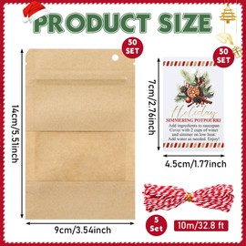 Marspark 50 Sets Christmas Potpourri Stand Pouches, 3.5 x 5.5 Inches Kraft Paper Bags with Matte Window, Simmering Potpourri Bags Instruction Cards for Small Business Home Use Xmas Party Gift Decor