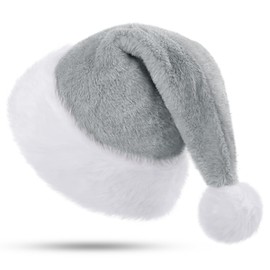 KONVINIT Grey Christmas Santa Hat Adult,Fluffy Sparkly Santa Claus Hat Plush Santa Hat with Double Lining for Christmas Party or Costume,Luxury Father Christmas Hat for Men and Women,Grey