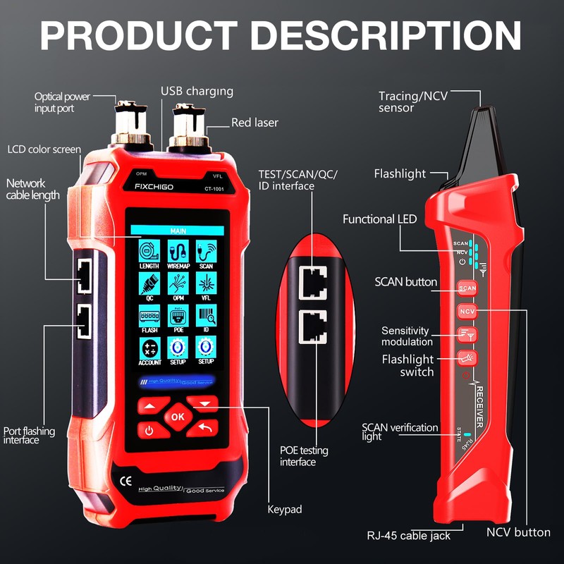 FIXCHIGO 10 in 1 Network Cable Tester with 7 Wavelengths
