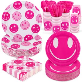 durony 350 Pcs Preppy Birthday Decorations 50 Guest Disco Cowgirl Party Supplies Pink Smiley Face Paper Plate Cup Napkin Cutlery Smile Tableware for Y2K Girl Birthday Bachelorette Party Favors Shower