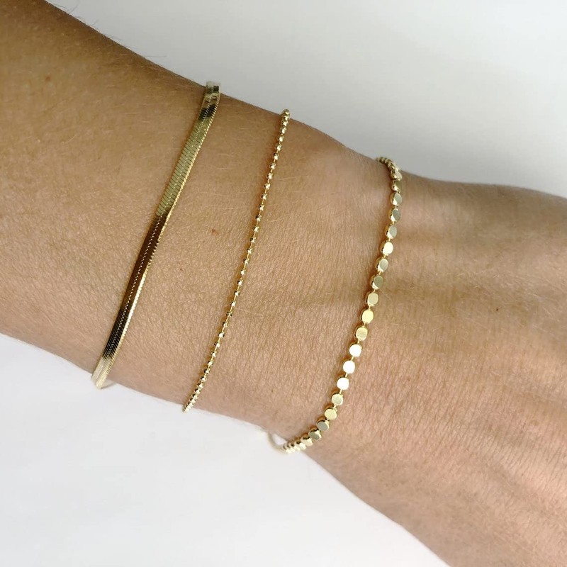 Tasiso 14K Gold Plated Three Layered Herringbone Chain Bracelets for