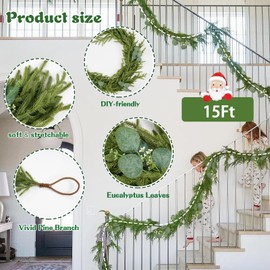 Waipfaru 15ft Christmas Decoration, Christmas Norfolk Pine Garland，Realistic Pine Garland ，Artificial Faux Cedar Garland for Christmas Table Fireplace Wall Home Decoration（2pcs）