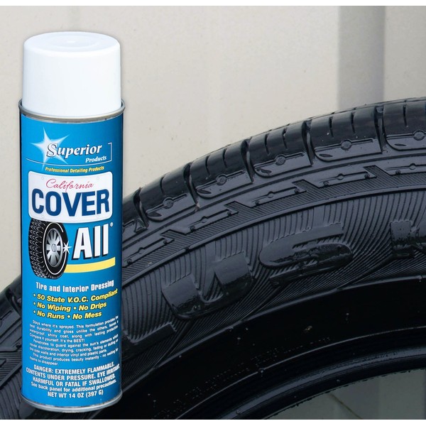 Superior Products California Cover All Automotive Tire Shine Aerosol Spray Can & Professional Grade -Tire Dressing - High Gloss - Water Repellent & Made in America (14 oz)