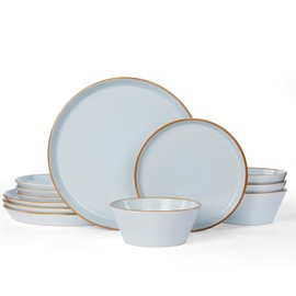 Famiware Saturn Dinnerware Sets, 12 Piece Dish Set, Plates and Bowls Sets for 4, Microwave and Dishwasher Safe, Scratch Resistant, Light Blue with Brown Rim