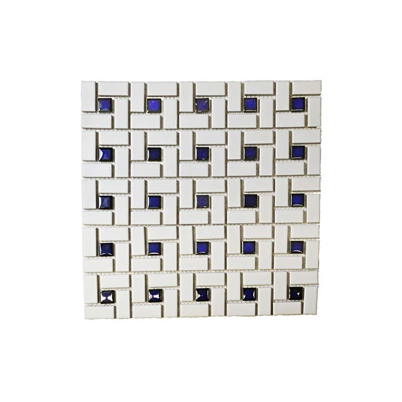 Spiral Pattern Porcelain Tile Matte White with Shiny Cobalt Dots