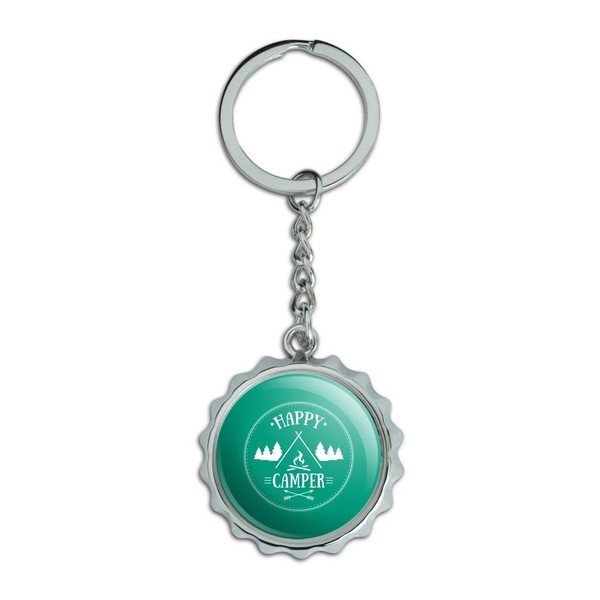 Happy Camper with Campfire Keychain Chrome Plated Metal Pop Cap