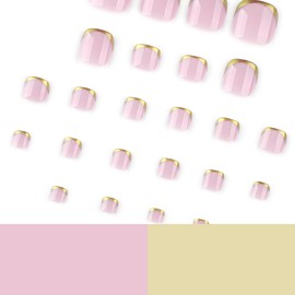 24pcs Gold French Tip Press on Toenails Short Square Pink Full Cover Fake Toe Nails Stick on Nails Glossy False Toenails Gold French Nail Tips Glue on Nails for Women Acrylic Toenails Decorate