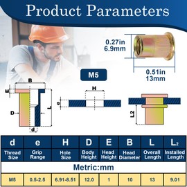 Vifmy 160pcs M5 Rivet Nut Set Metric Zinc Plated Carbon Steel Flat Head Thread Insert Nutsert Kit