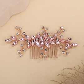 Teyglen Flower Crystal Wedding Hair Comb Handmade Pink Rhinestone Hair Piece for Bride Wedding Hair Accessories Headpiece for Women Party Prom (Pink)