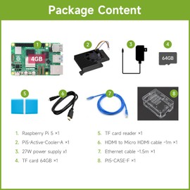 Waveshare Starter Kit, Compatible with Raspberry Pi 5, Bundle with Raspberry Pi 5 4GB, 64GB TF Card, Cooler, Case, Cable and so on (8 Items)