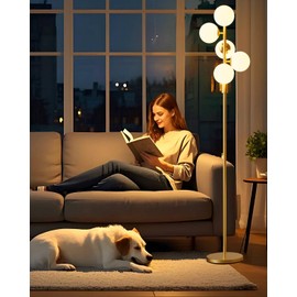 Lightdot Gold Floor Lamp Dimmable (Brightness Adjustable) Globe Retro Standing Lamps with 5PCS 3000K G9 Bulbs, Mid Century Modern Floor Lamp for Living Room Bedroom Home Office