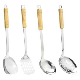 FJNATINH Cooking Utensils - Spatula, Ladle, Skimmer Spoon, Slotted Spatula - 4 Pieces Stainless Steel Wok Utensils Set for Carbon Steel