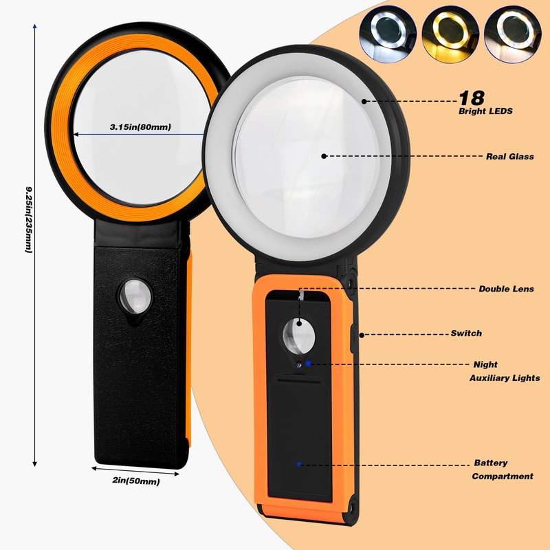 KIBTOY Magnifying Glass with Light and Stand, Foldable Handheld Magnifying