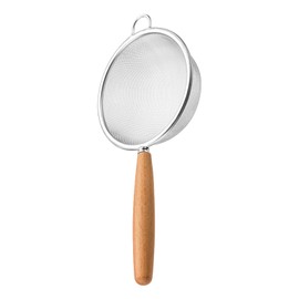 Dewocke High-quality 10 cm stainless steel kitchen strainer with wooden handle, practical and fine mesh sieve for sifting and draining flour, robust, rust-proof, thickened polished edge, single ear